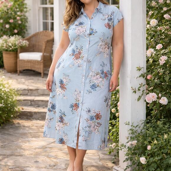 Misslook Maxi Dress Floral Blue Button Down Size XL Cottagecore - Picture 3 of 12